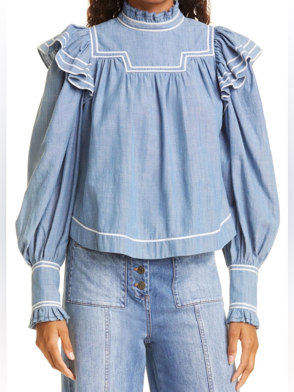 Ulla Johnson Ester Ruffled Cotton-Chambray Blouse Blue